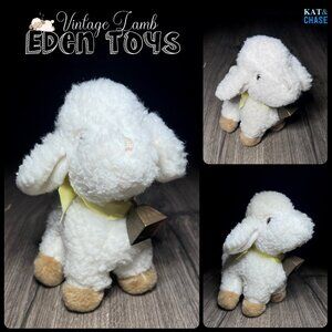 Vintage Eden Toys Lamb Cream Tan Plush Toy 9" Stuffed Animal & Cow Bell Plushie